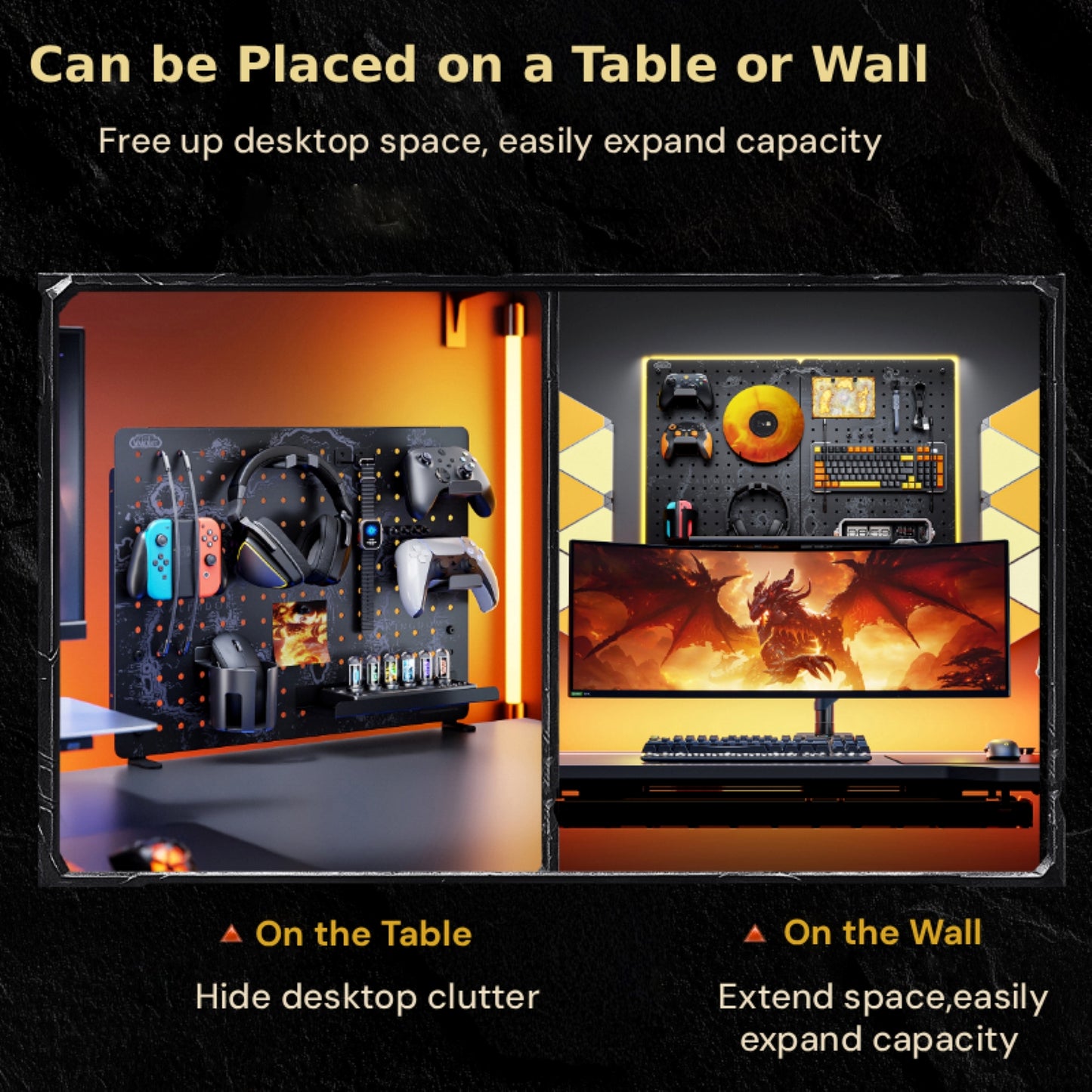 This WoW-themed pegboard works two ways: place it on your desk to clear clutter (left) or mount it on the wall to expand space (right). It holds controllers, headsets, and gear—flexible storage that leans into epic WoW style.