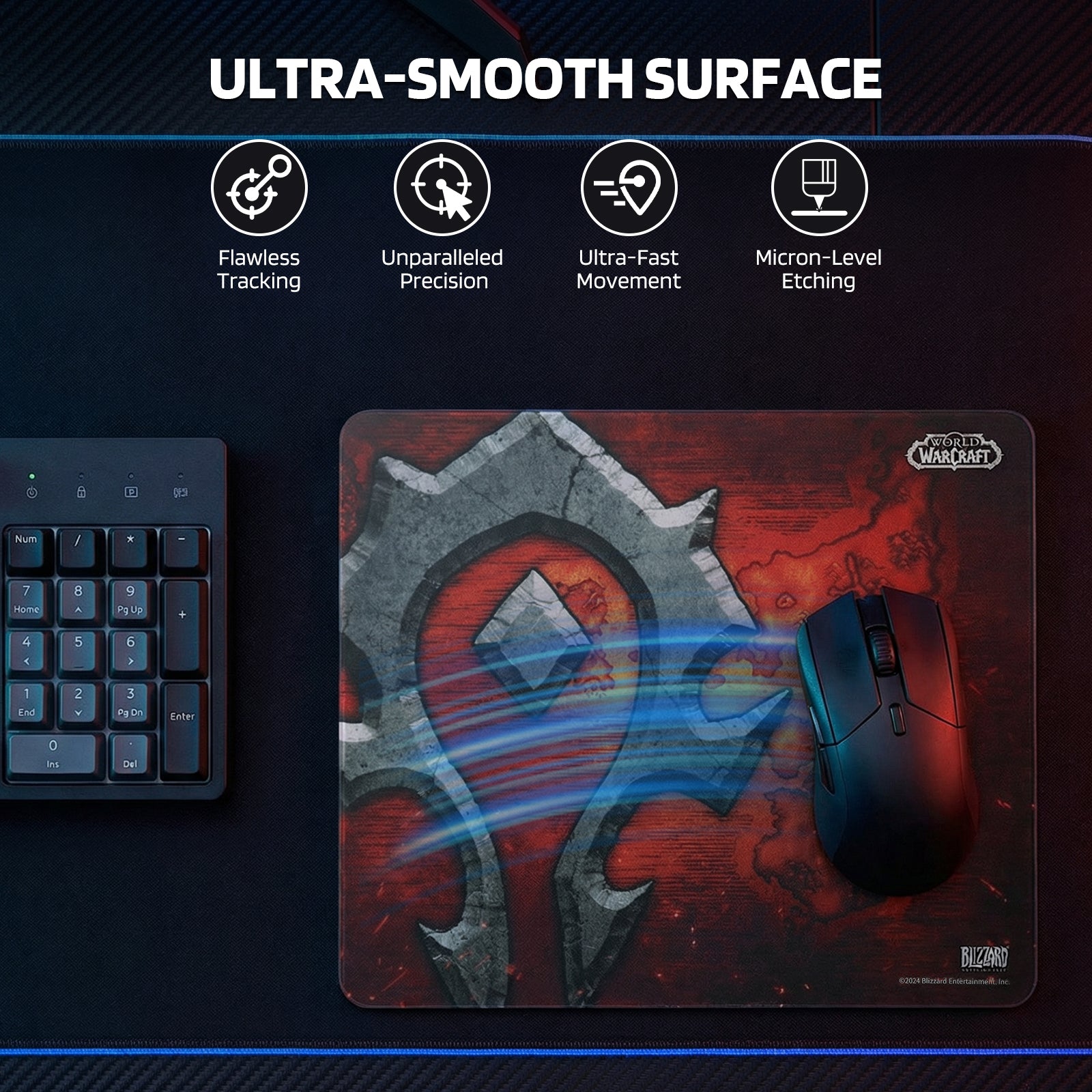 This Horde mouse pad features an "ULTRA-SMOOTH SURFACE" (with benefits like flawless tracking and ultra-fast movement), shown with a mouse and numpad.