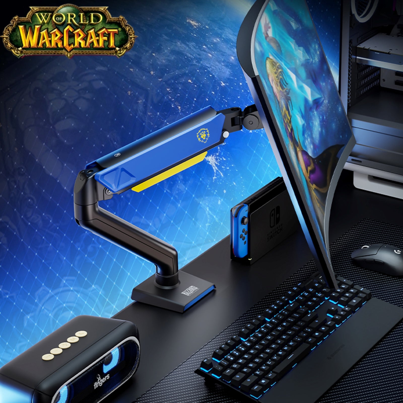 This WoW Alliance monitor stand is the centerpiece of the themed setup: its bold blue Alliance-styled design supports the curved monitor, pairing seamlessly with matching gear for an immersive, cohesive gaming space.