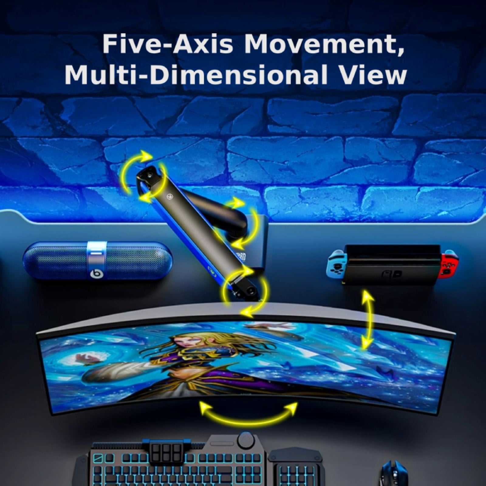 This WoW-themed monitor stand offers five-axis movement: its flexible design lets you adjust the monitor across multiple dimensions for the perfect view. Styled to match the Alliance-themed setup, it combines customizable positioning with immersive gaming flair.