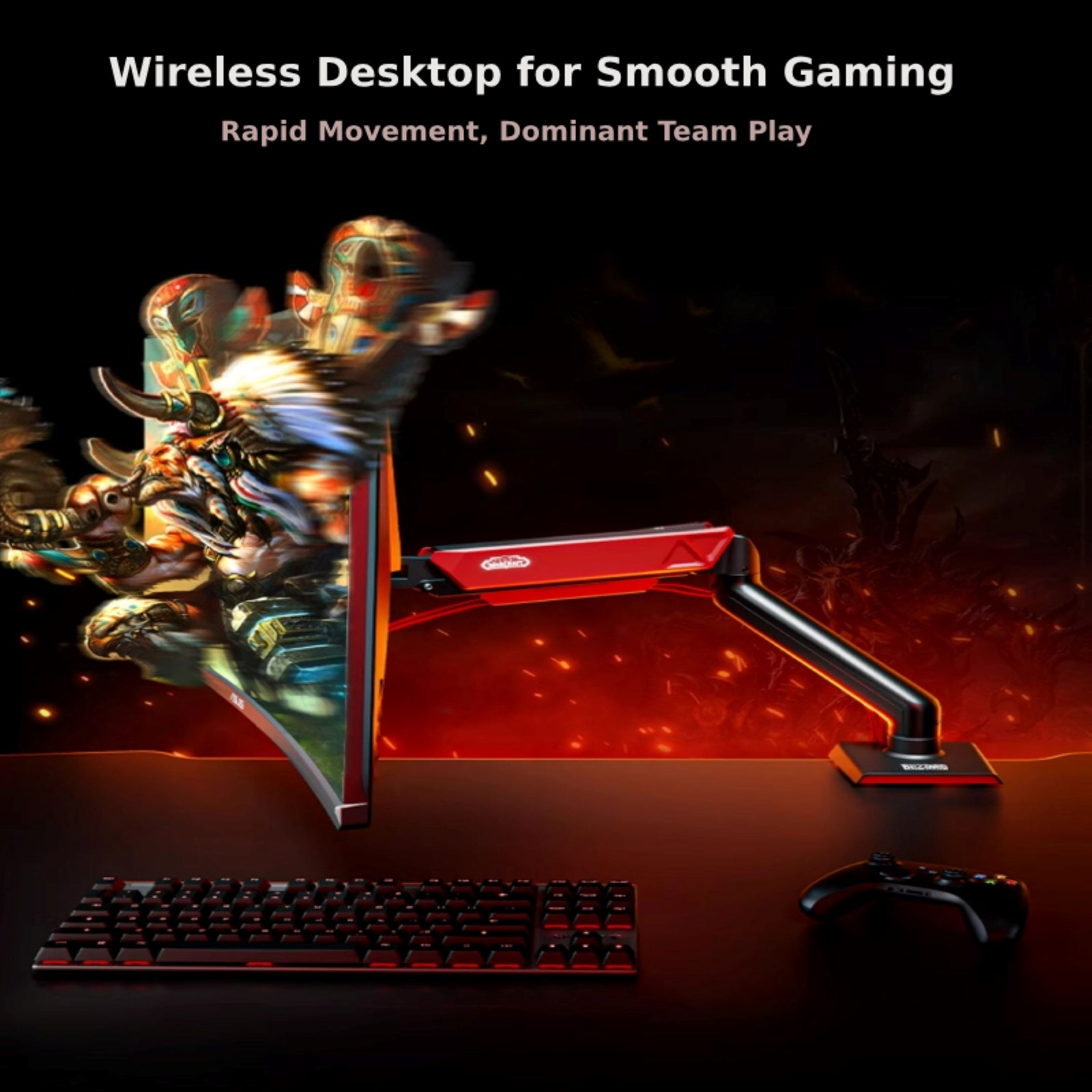 This WoW Horde-themed monitor stand takes center stage: its robust, flexible design lets you adjust your monitor seamlessly, while its bold red Horde styling matches the setup’s gaming vibe. It pairs with wireless gear to keep your desk clutter-free-ideal for smooth, dominant gameplay.