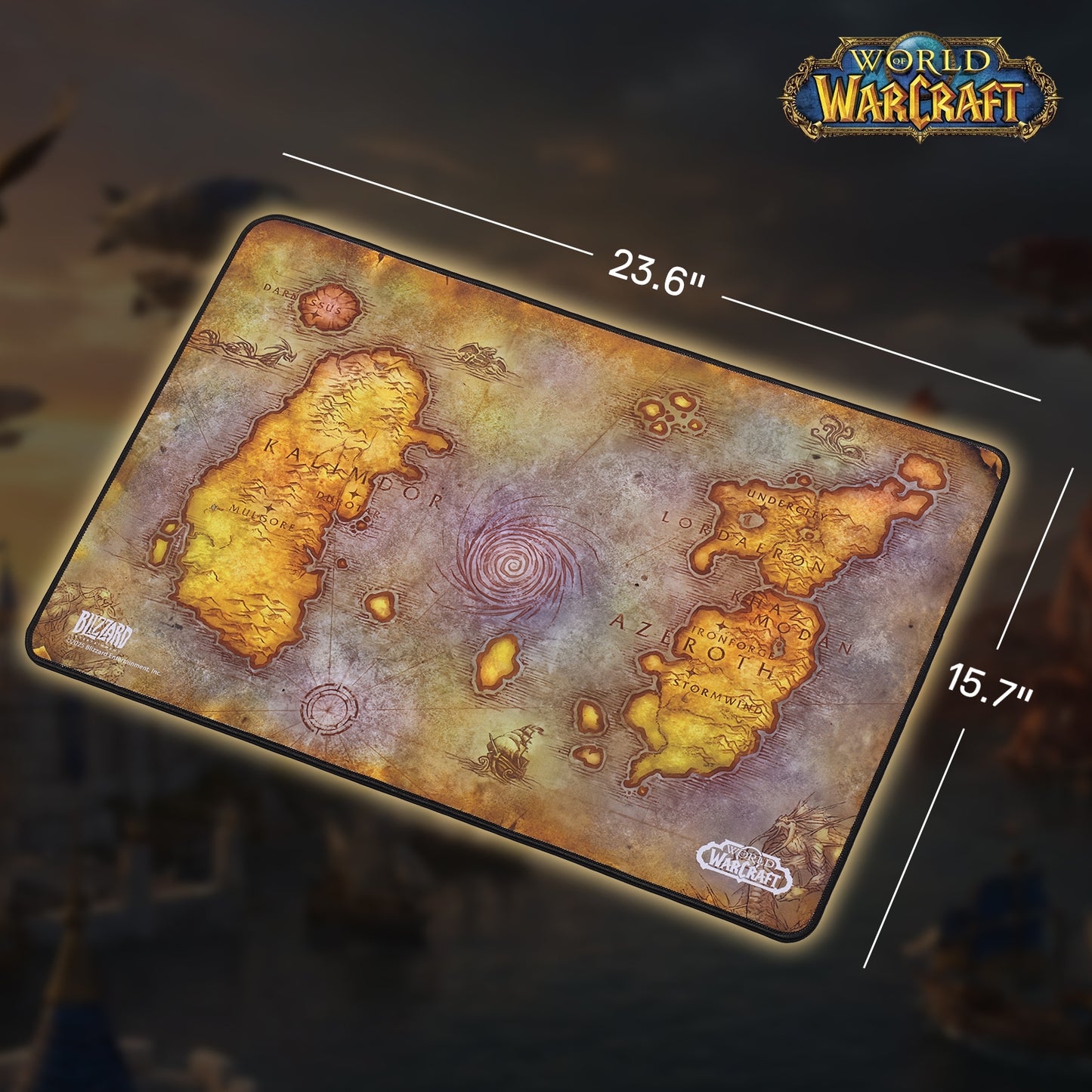 A World of Warcraft-themed mouse pad (23.6"×15.7") displays the map of Azeroth (Kalimdor, Lordaeron, etc.), paired with the WoW and Blizzard logos.