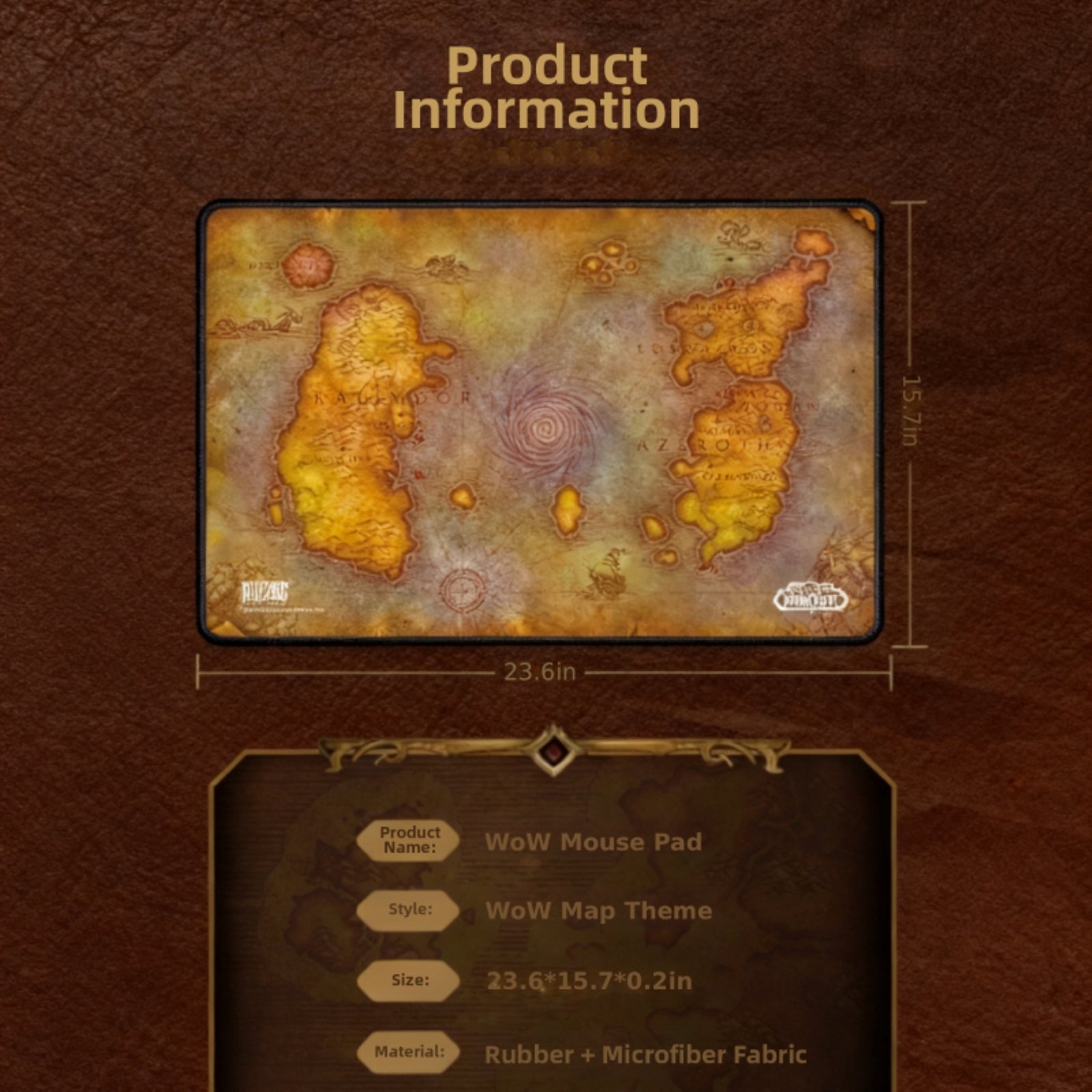 WoW Map Mouse Pad Product Info: 23.6x15.7x0.2in, Rubber + Microfiber Fabric WoW Themed Desk Mat