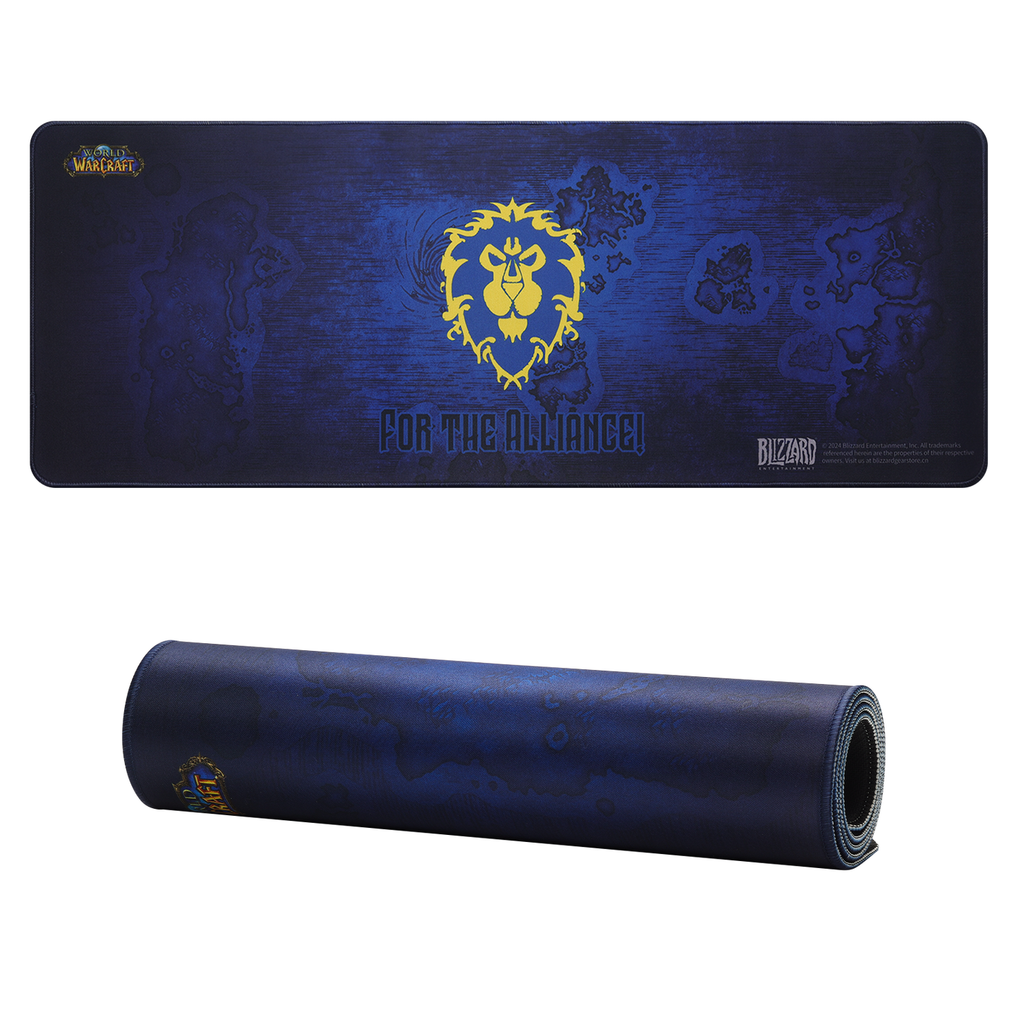 Blue mouse pad with gold logo and text 'For the Alliance' | show
