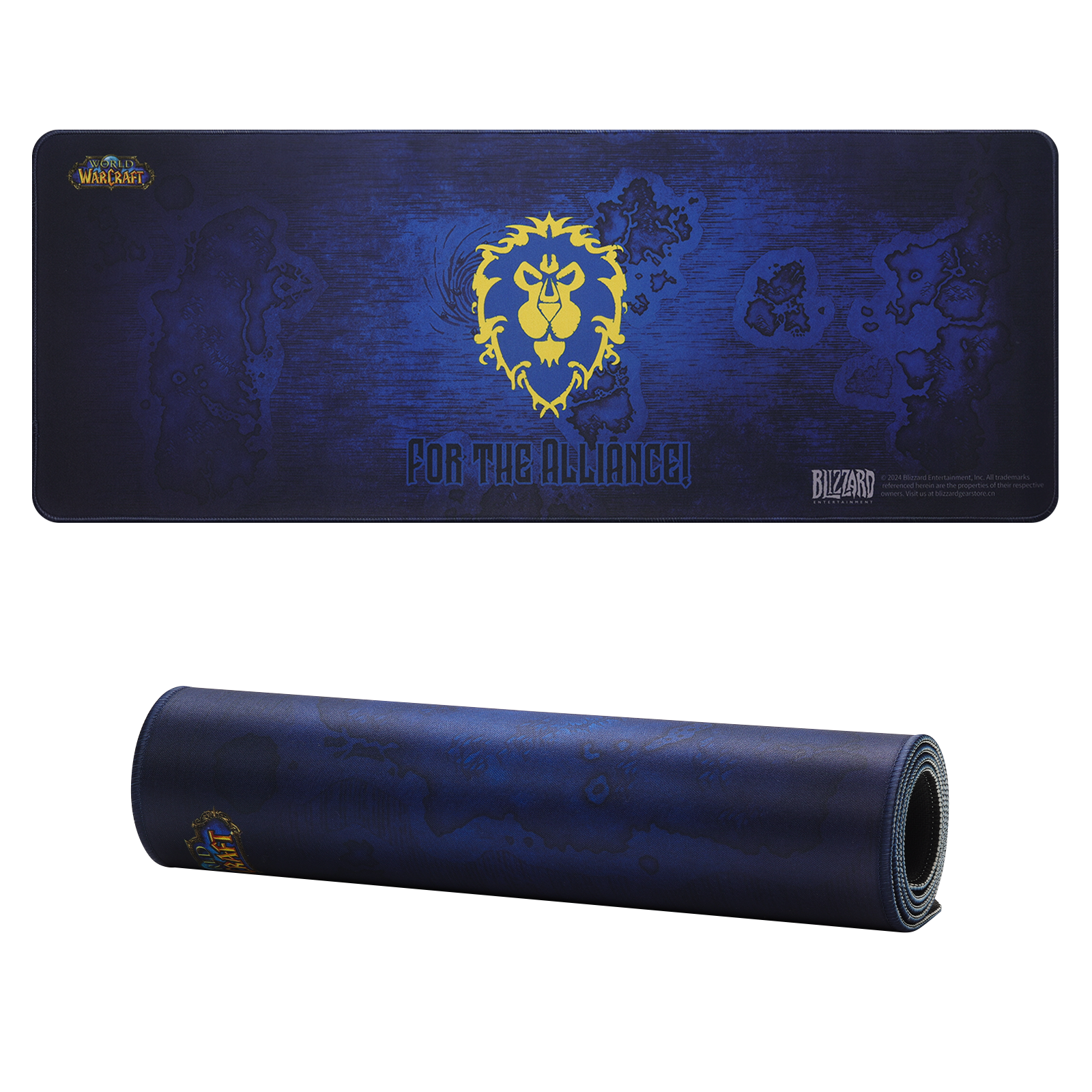 Blue mouse pad with gold logo and text 'For the Alliance' | show
