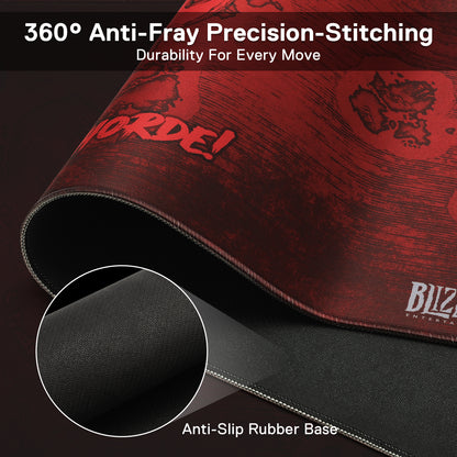 A close-up of the mouse pad’s edge shows 360° anti-fray stitching and an anti-slip rubber base, emphasizing durability and stability during use.