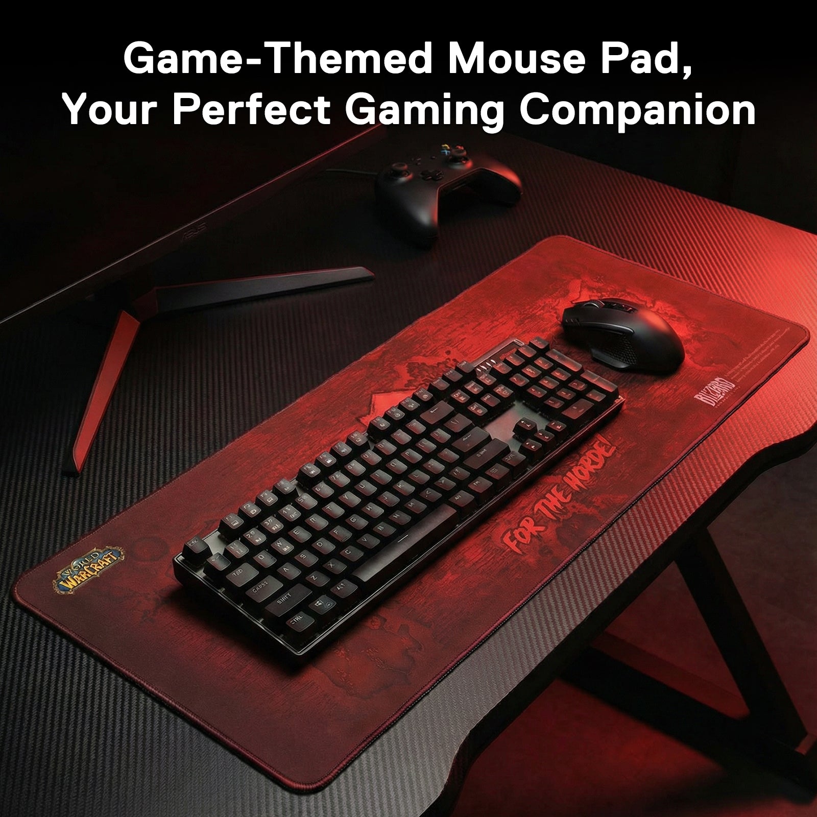 The Horde mouse pad is integrated into a gaming setup (keyboard, mouse, controller), framed by the text "Game-Themed Mouse Pad, Your Perfect Gaming Companion."