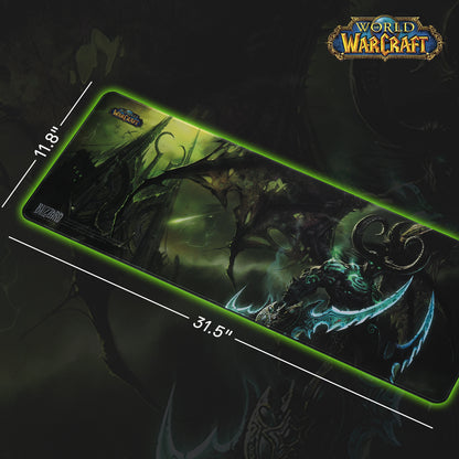 A World of Warcraft-themed mouse pad (31.5"×11.8") features an Illidan illustration (dark green/black aesthetic) alongside the WoW and Blizzard logos.