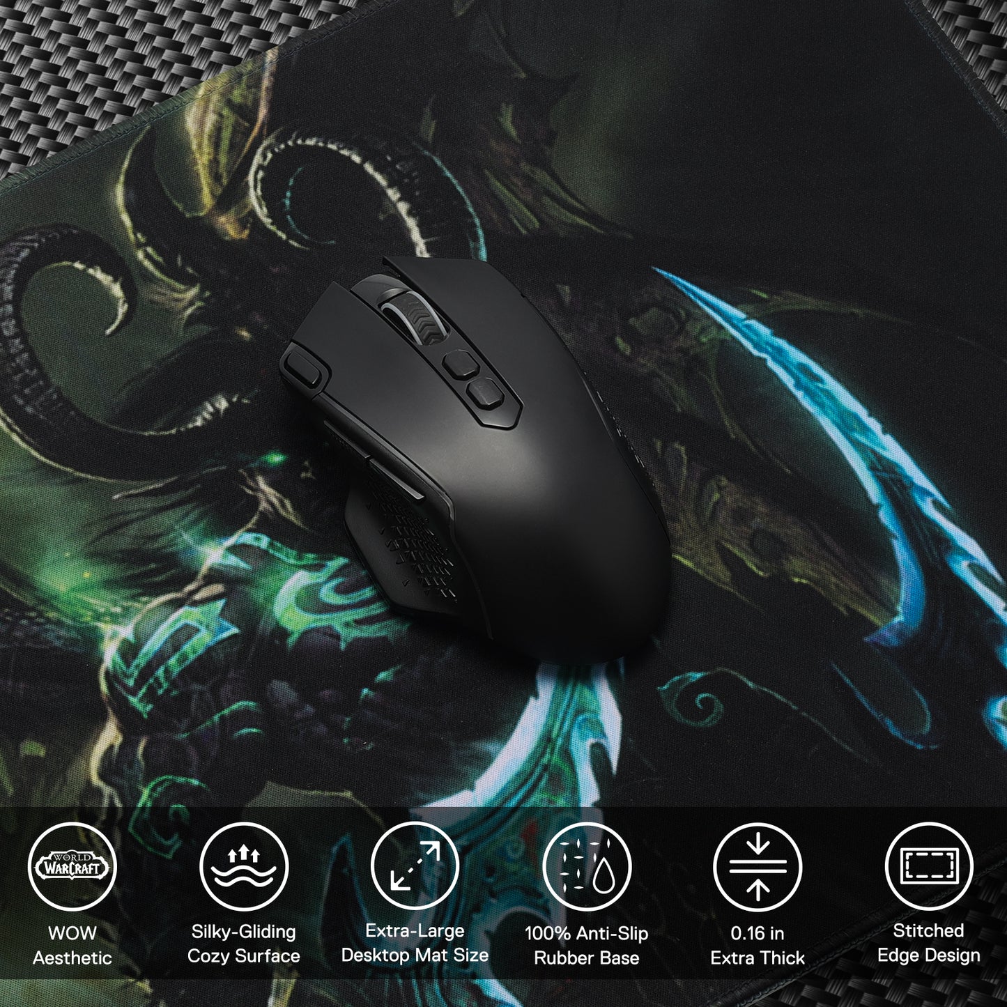A black gaming mouse rests on the WoW mouse pad, with icons listing features: WoW aesthetic, silky surface, extra-large size, anti-slip base, 0.16" thickness, and stitched edges.