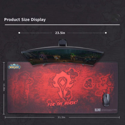 Gaming desk setup with mouse pad, mouse, and monitor displaying product size on a dark background.