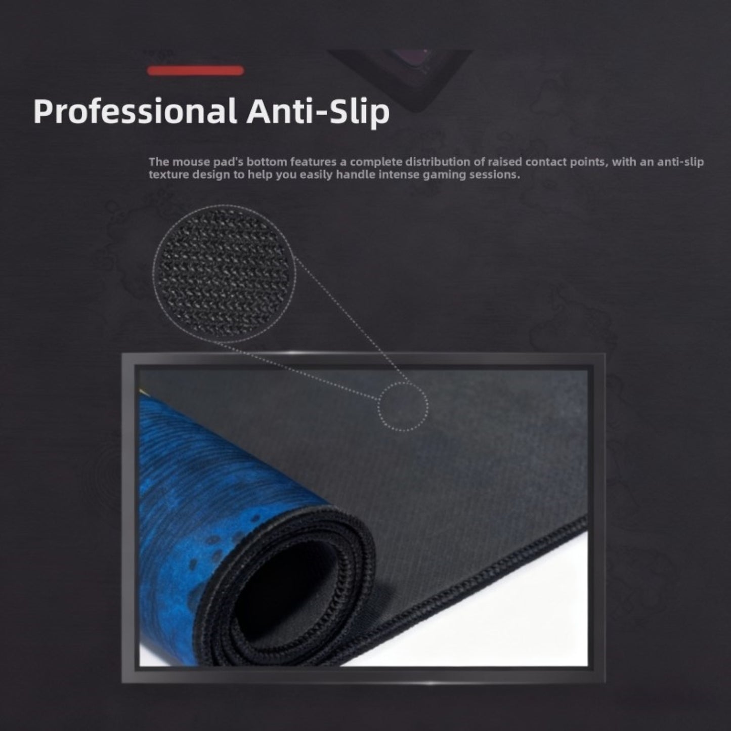 Gaming mouse pad with anti-slip texture on a dark background