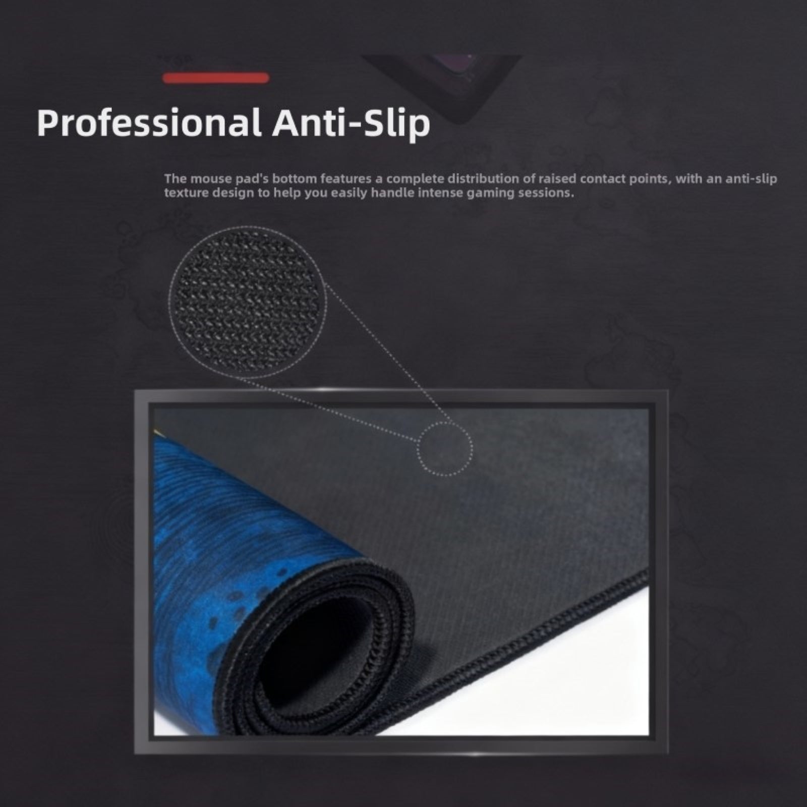 Gaming mouse pad with anti-slip texture on a dark background