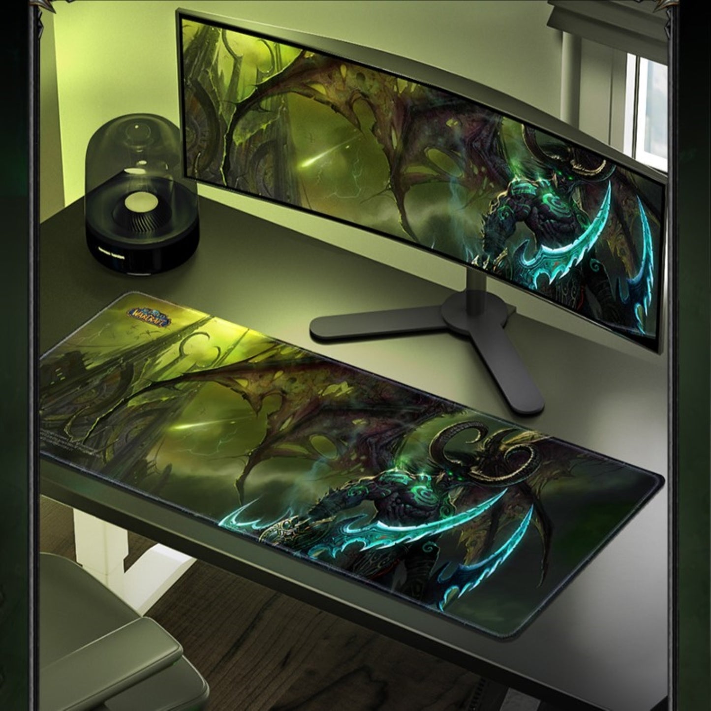 Gaming setup with monitor, mouse pad, and chair on a desk.