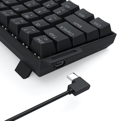 The keyboard’s side view shows a USB-C port and adjustable feet, highlighting its wired connectivity and ergonomic design.