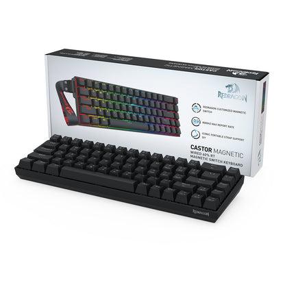 The Redragon Castor Magnetic keyboard is displayed with its packaging, which lists key features (magnetic switch, 8000Hz rate, portable strap).