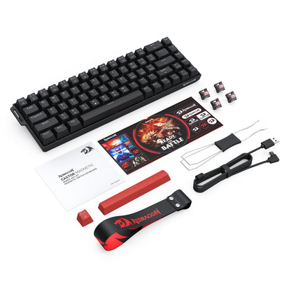 The keyboard’s accessory kit is shown: extra switches, a keycap puller, USB-C cable, portable strap, and manual—highlighting the included customization tools.