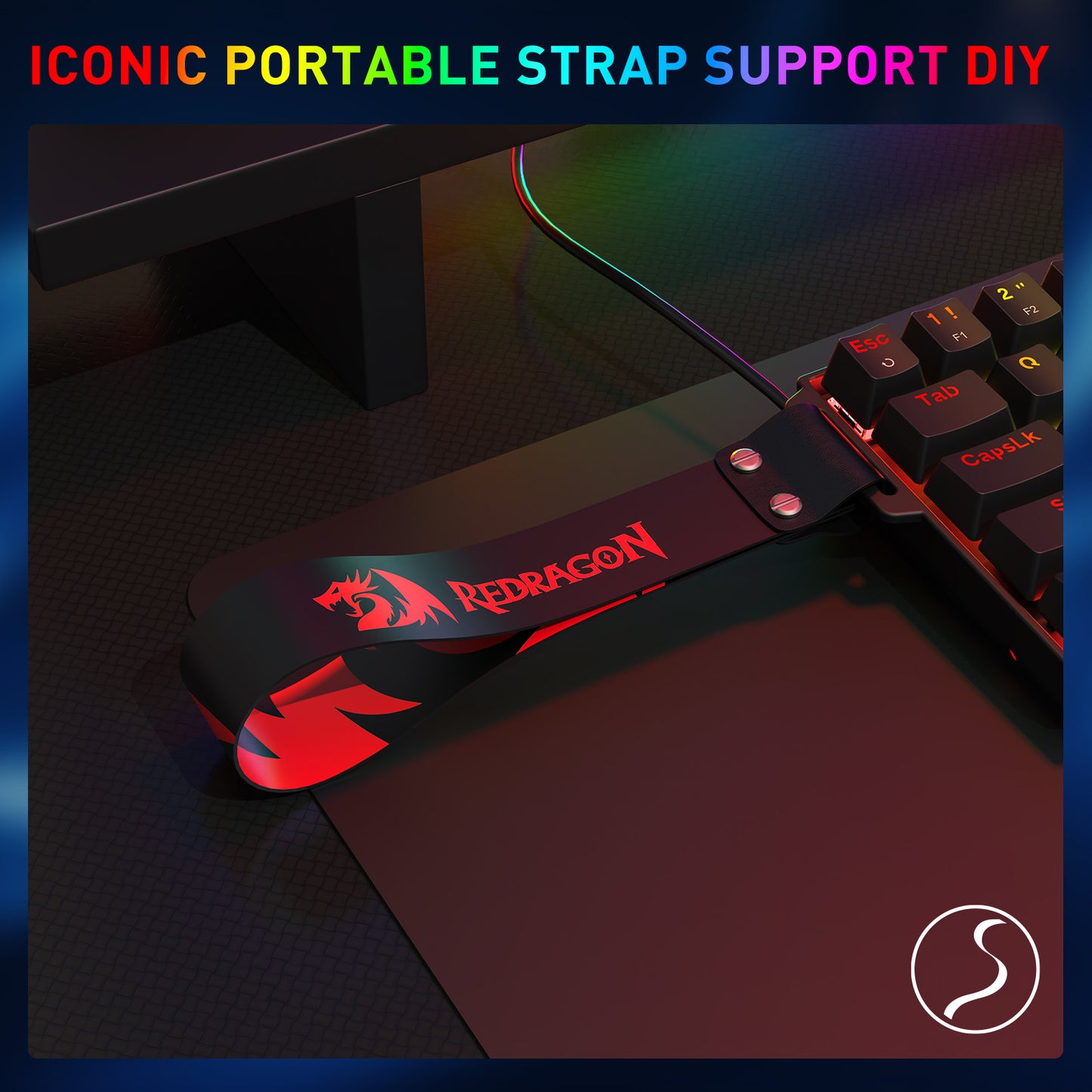 A Redragon-branded portable strap (attached to the keyboard) is featured, emphasizing the keyboard’s DIY-friendly, on-the-go design.