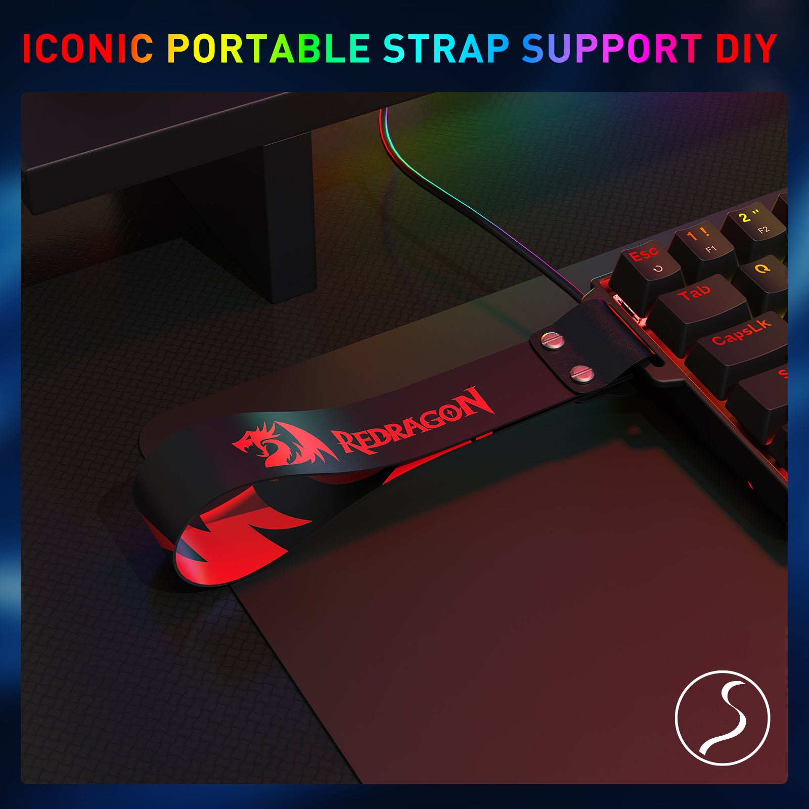A Redragon-branded portable strap (attached to the keyboard) is featured, emphasizing the keyboard’s DIY-friendly, on-the-go design.