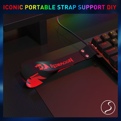 A Redragon-branded portable strap (attached to the keyboard) is featured, emphasizing the keyboard’s DIY-friendly, on-the-go design.