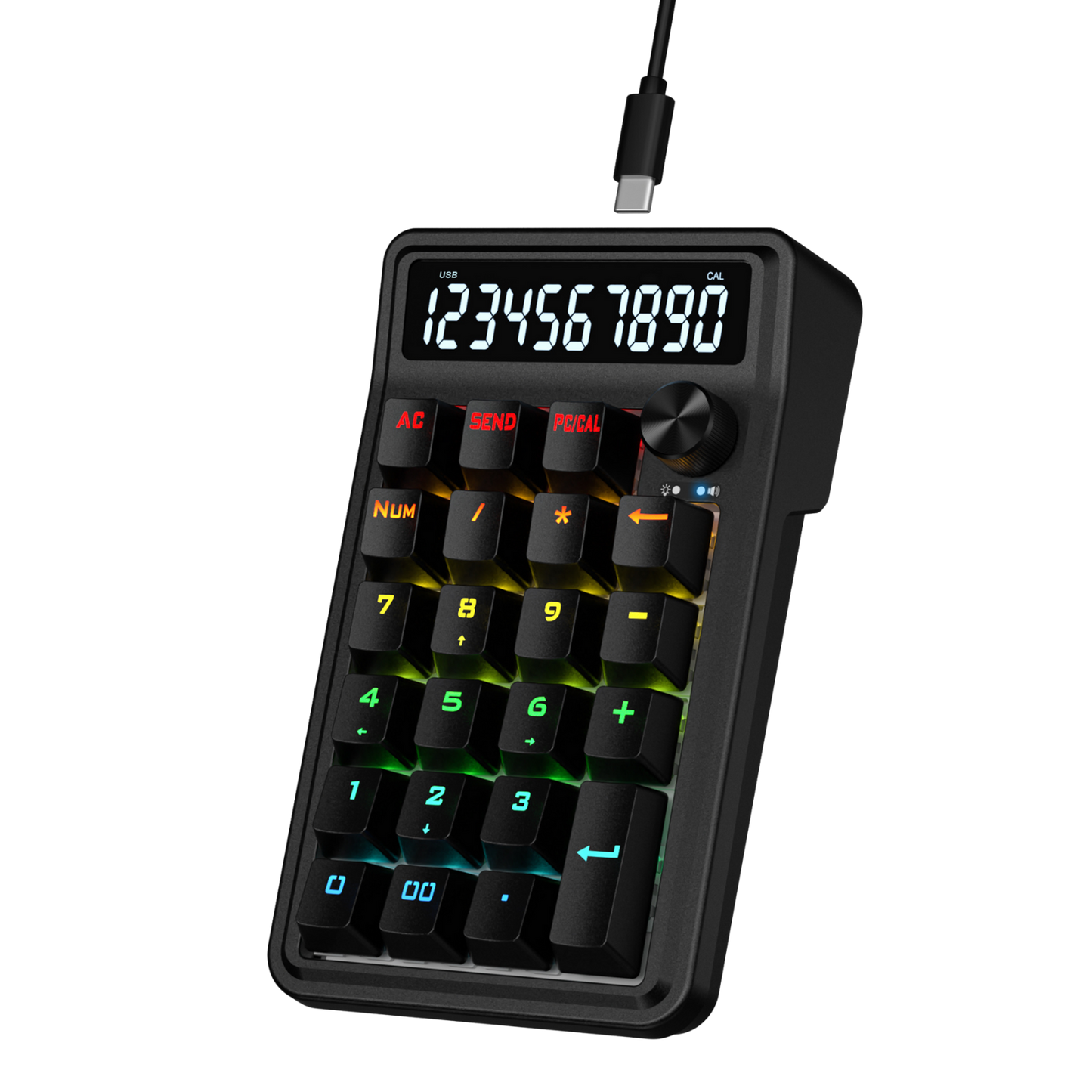 Black electronic device with digital display and USB cable on a black background | show