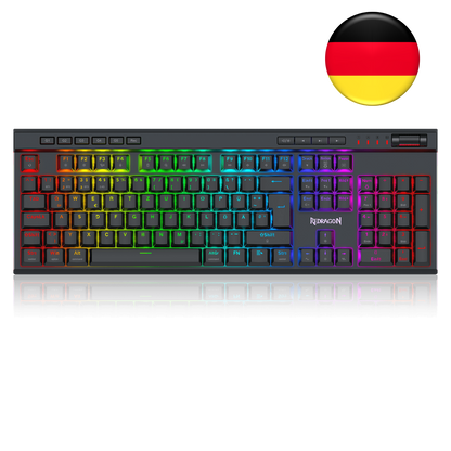 A full-sized mechanical gaming keyboard with a dark gray chassis and vibrant RGB backlighting that transitions through a full rainbow spectrum across the keys, shown against a solid black background. The brand name 'iMiceON' is visible on the spacebar area.