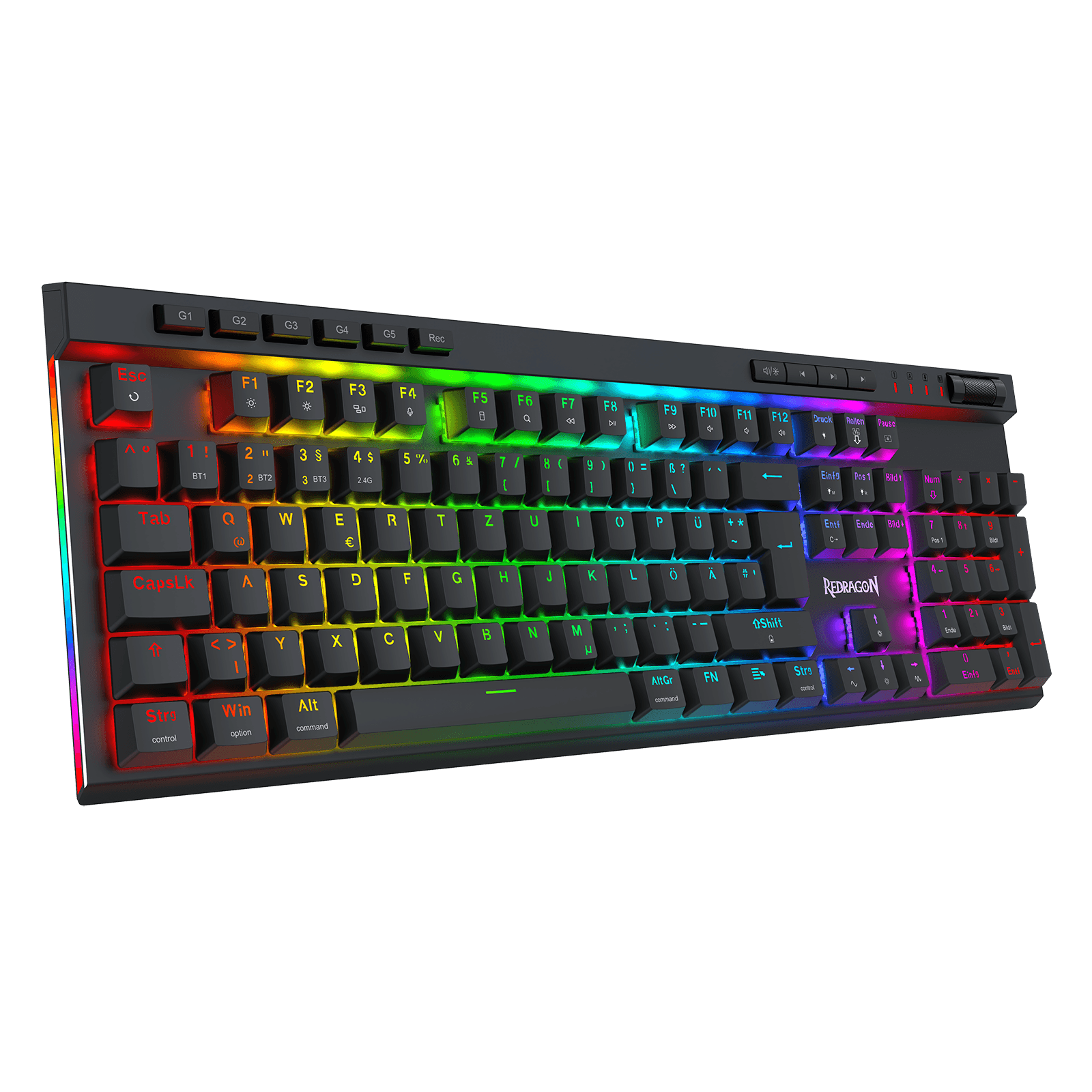 A black mechanical gaming keyboard with vibrant RGB rainbow backlighting, shown at an angle against a solid black background. The brand name 'iNSPACHT' is visible on the spacebar area.