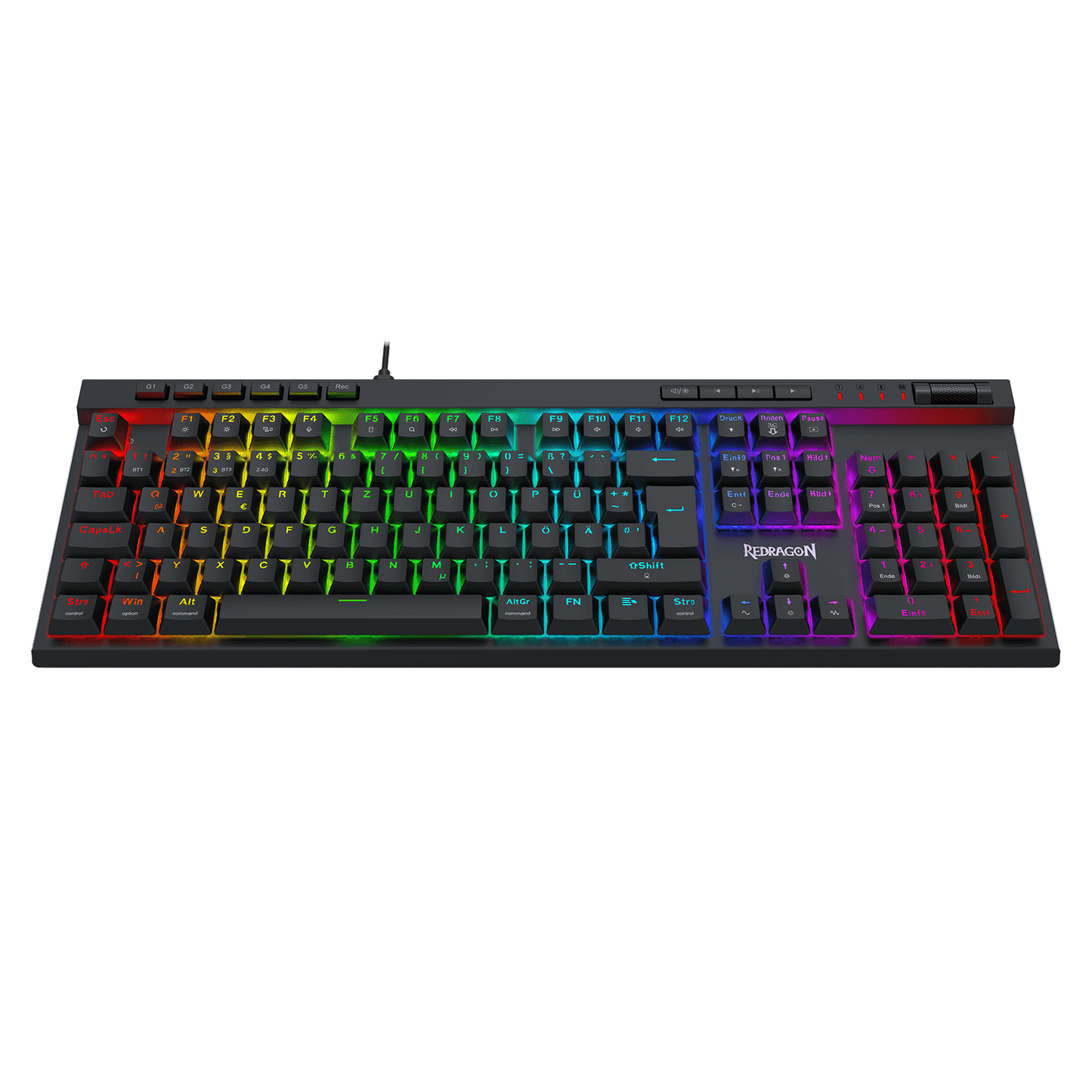 A full-sized mechanical gaming keyboard with black keycaps and vibrant RGB rainbow backlighting, shown against a solid black background. The brand name 'TUXEMOTION' is visible on the spacebar area.