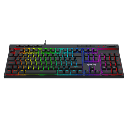 A full-sized mechanical gaming keyboard with black keycaps and vibrant RGB rainbow backlighting, shown against a solid black background. The brand name 'TUXEMOTION' is visible on the spacebar area.