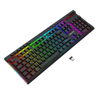 A black mechanical keyboard with vibrant RGB rainbow backlighting, shown at an angle on a solid black background with a small USB receiver nearby. The brand name 'Rapoo' is visible on the spacebar area.