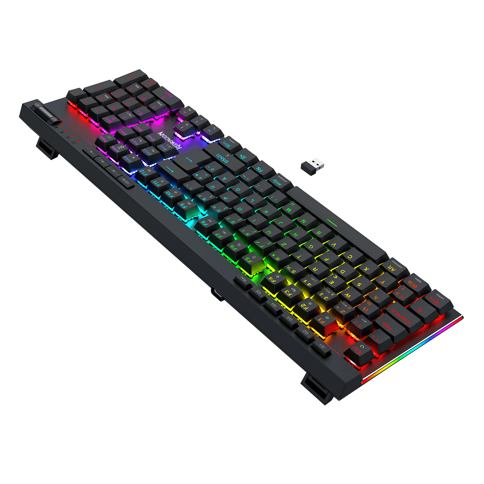 A black mechanical keyboard with vibrant RGB rainbow backlighting, shown at an angle on a solid black background with a small USB receiver nearby.