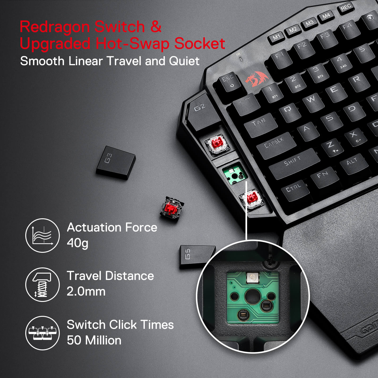 Redragon K585 PRO Wireless One-Handed Mechanical Keyboard, 42 Keys 3-Mode RGB 40% Gaming Keypad w/ 7 Onboard Macro Keys, Detachable Wrist Support, Durable Battery 