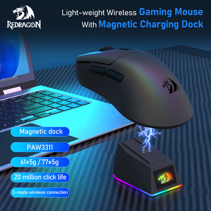 The Redragon lightweight wireless gaming mouse is showcased hovering over its RGB magnetic charging dock, with key specs listed: PAW3311 sensor, 61±5g/77±5g weight, 20 million click life, and 3-mode wireless connection.