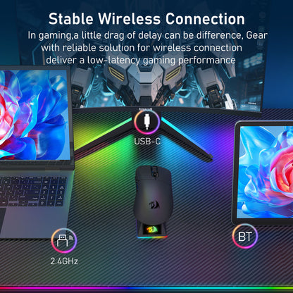 The mouse’s stable wireless connection (2.4GHz, Bluetooth, USB-C) is highlighted, delivering low-latency performance for gaming across laptops, monitors, and tablets.
