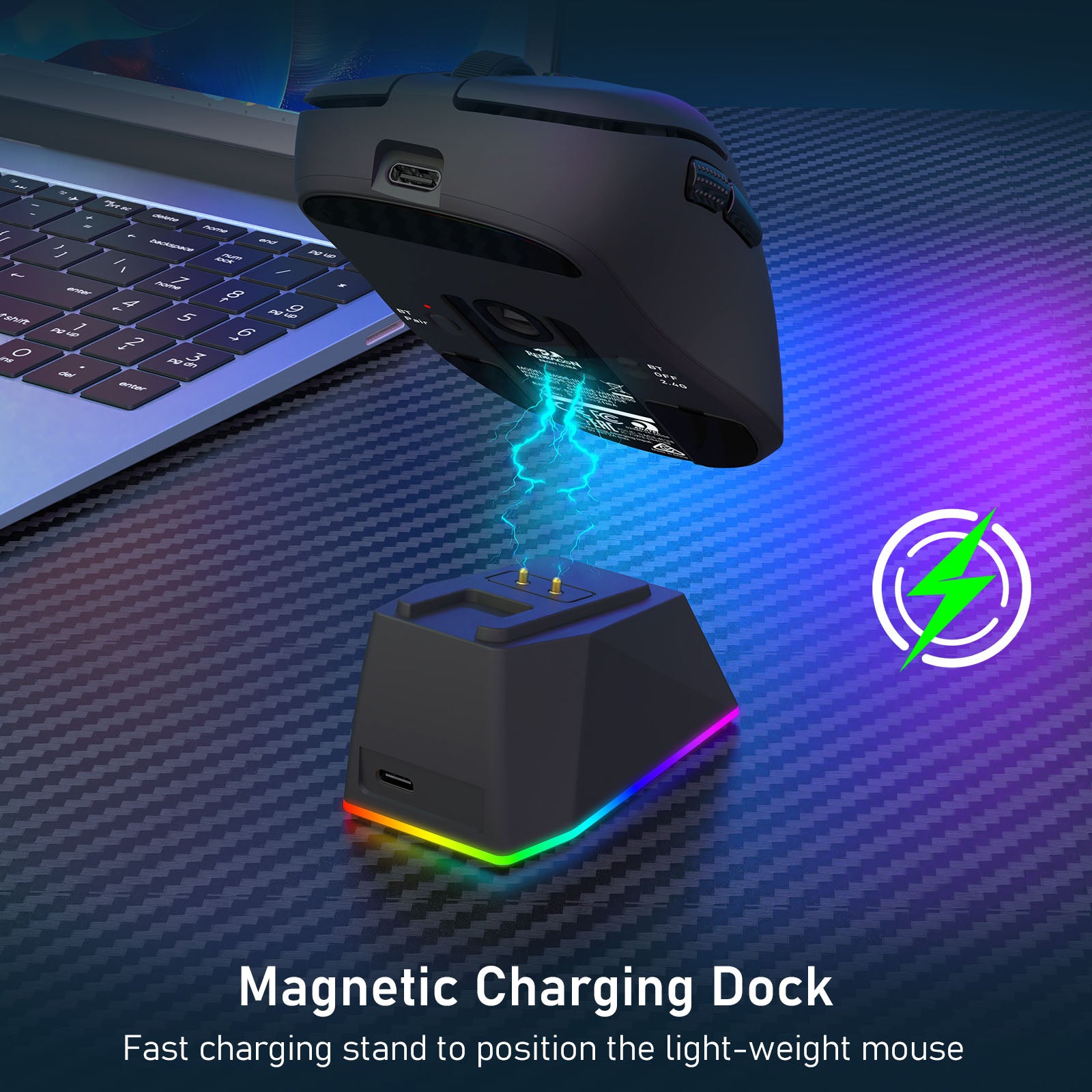 The magnetic charging dock is featured, demonstrating fast, secure charging for the lightweight mouse, with RGB lighting on the dock.