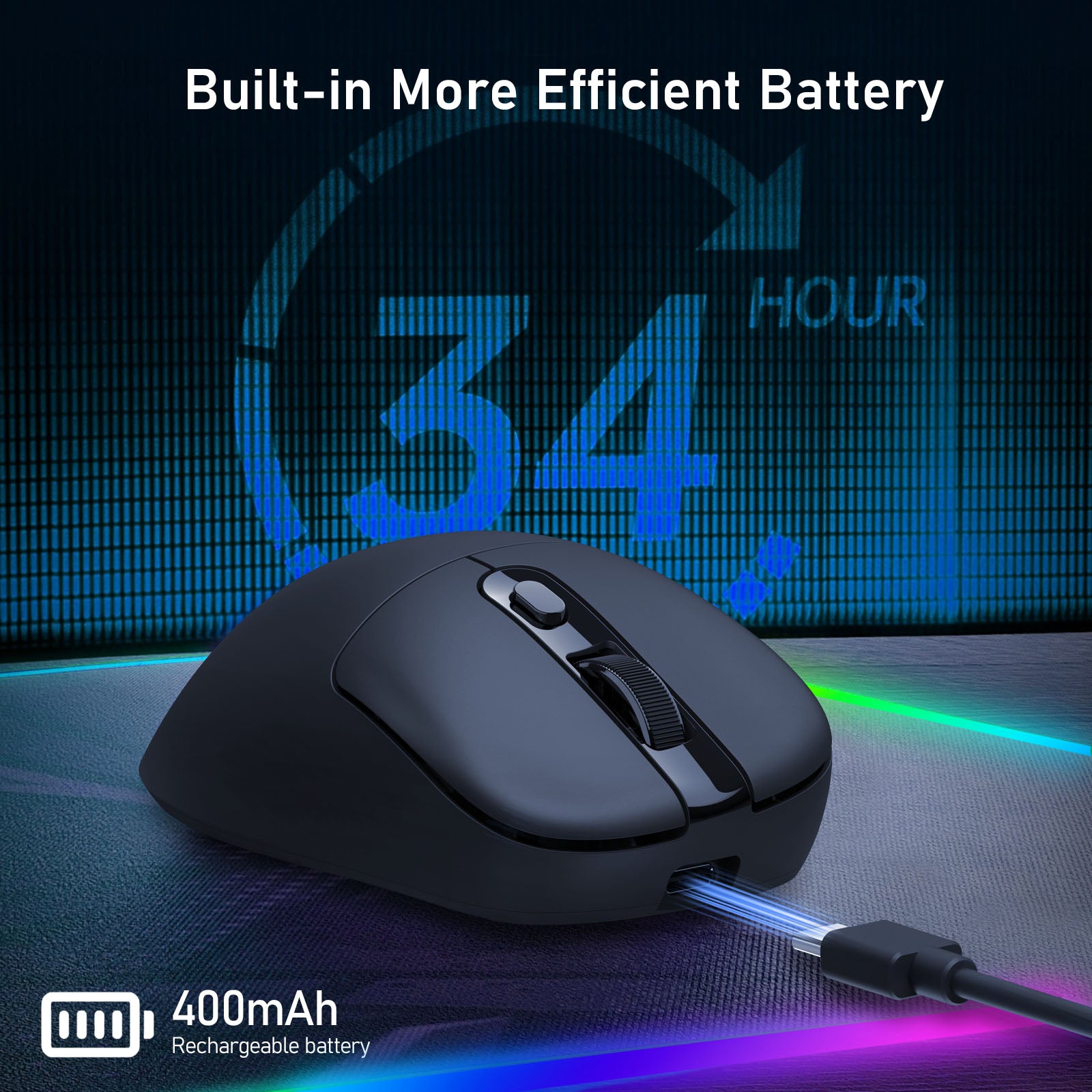 The mouse’s 400mAh rechargeable battery is shown, providing up to 34 hours of use for extended gaming sessions.