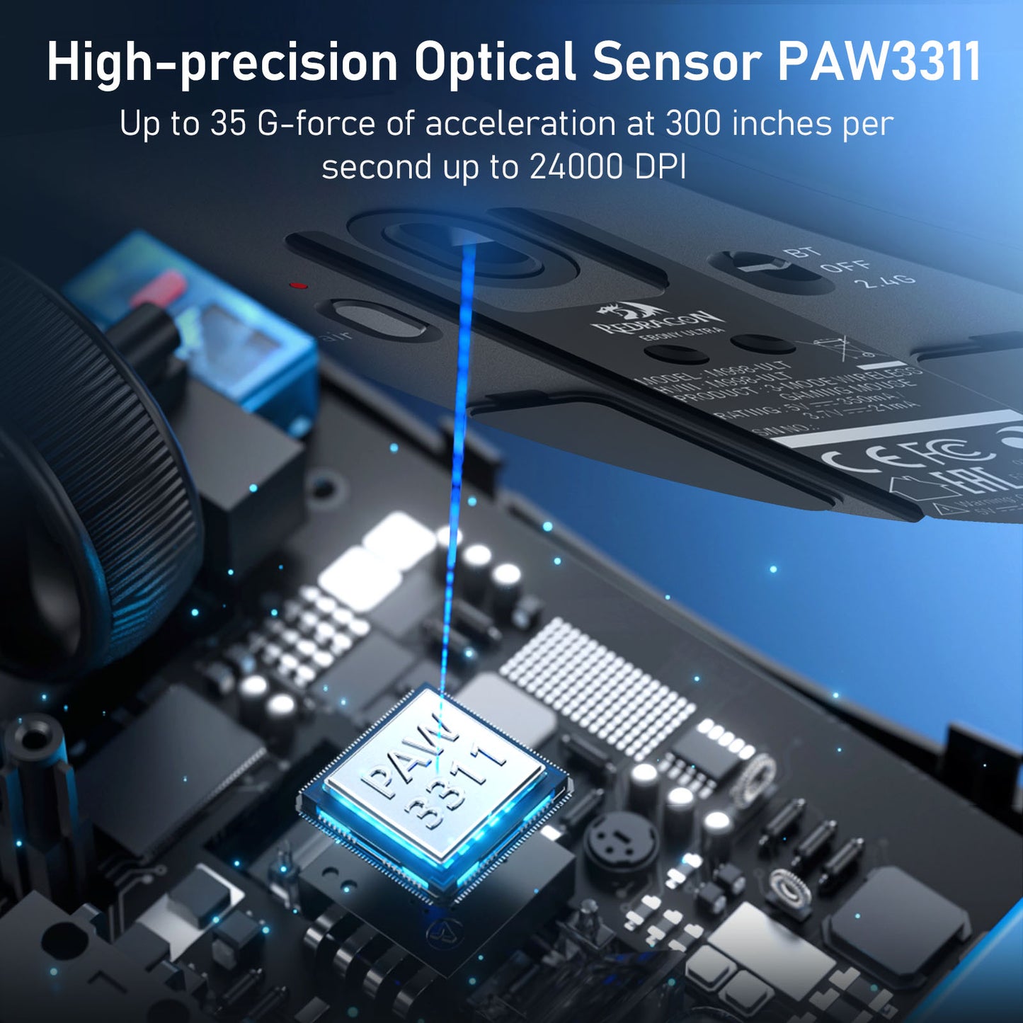 A close-up of the high-precision PAW3311 optical sensor is displayed, highlighting its 24,000 DPI and 35G acceleration for responsive tracking.