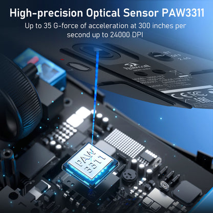 A close-up of the high-precision PAW3311 optical sensor is displayed, highlighting its 24,000 DPI and 35G acceleration for responsive tracking.