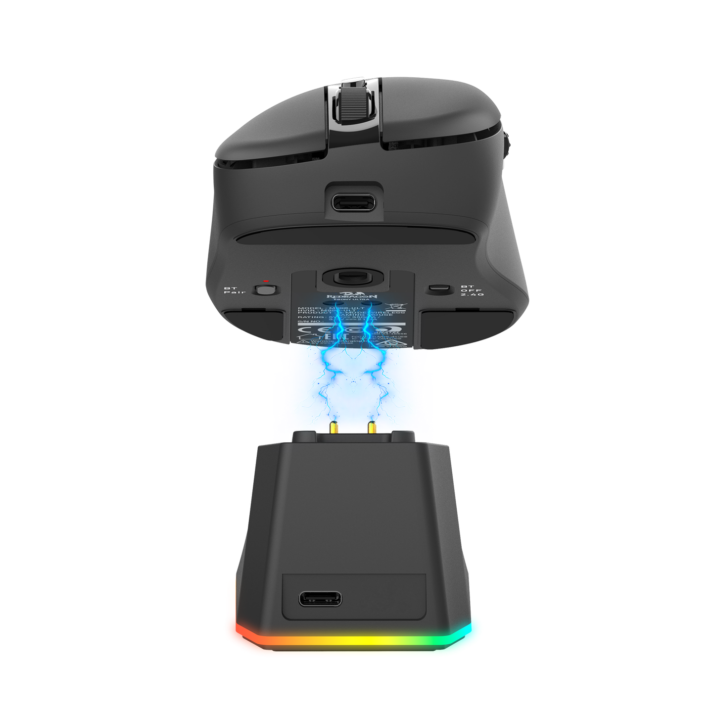 Redragon M998 Lightweight Wireless Gaming Mouse with RGB Magnetic Charging Dock, BT/2.4G Wireless/Wired Optical Mice, 24000 DPI, 5 Programmable Buttons for PC/Mac, Black