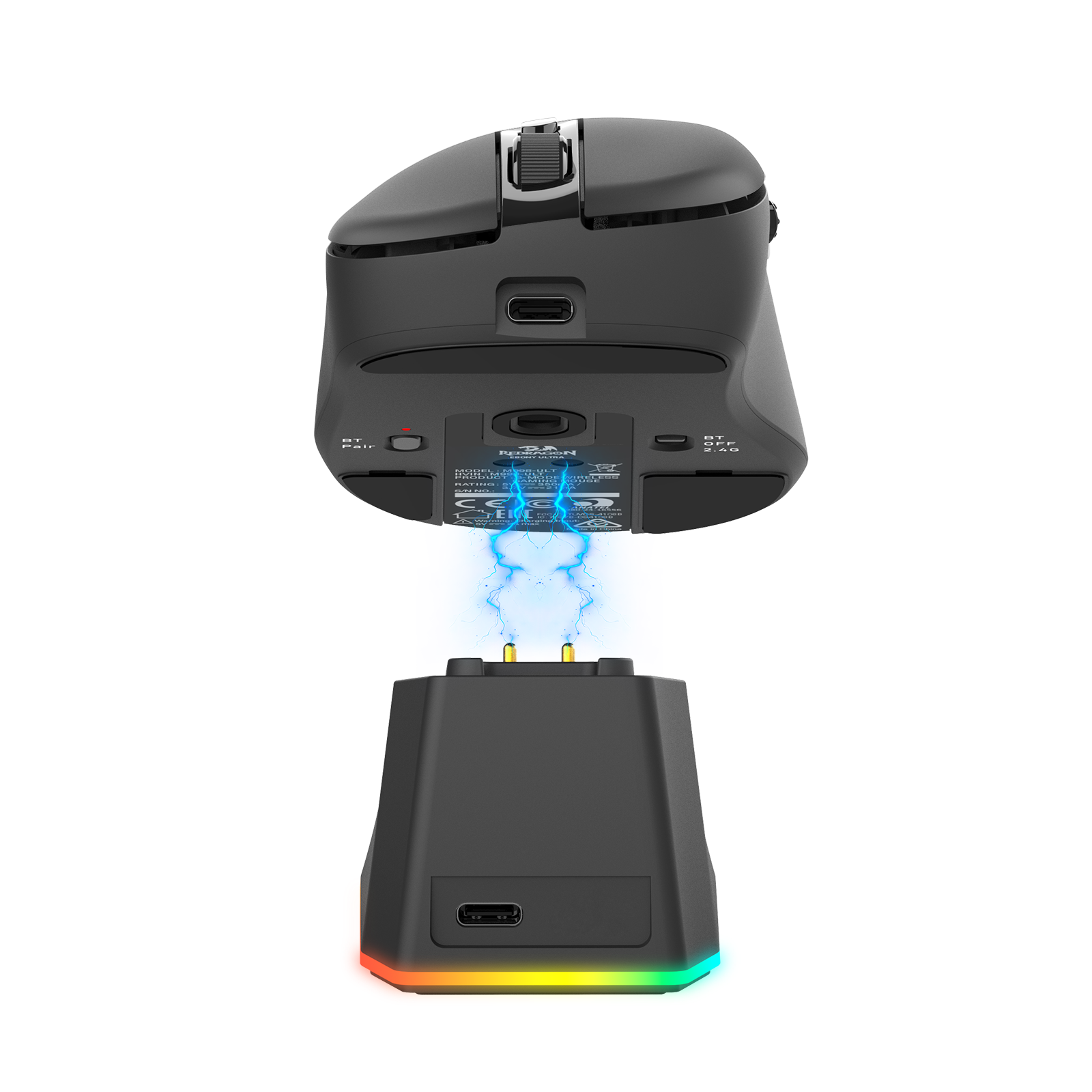 Redragon M998 Lightweight Wireless Gaming Mouse with RGB Magnetic Charging Dock, BT/2.4G Wireless/Wired Optical Mice, 24000 DPI, 5 Programmable Buttons for PC/Mac, Black