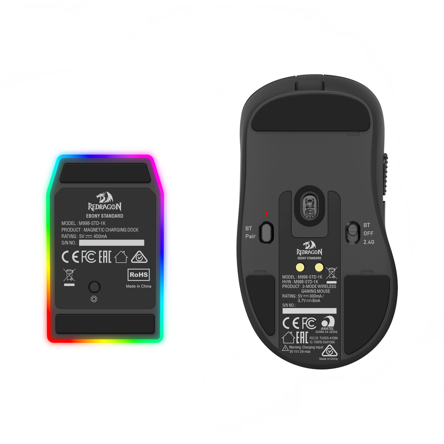 Redragon M998 Lightweight Wireless Gaming Mouse with RGB Magnetic Charging Dock, BT/2.4G Wireless/Wired Optical Mice, 24000 DPI, 5 Programmable Buttons for PC/Mac, Black