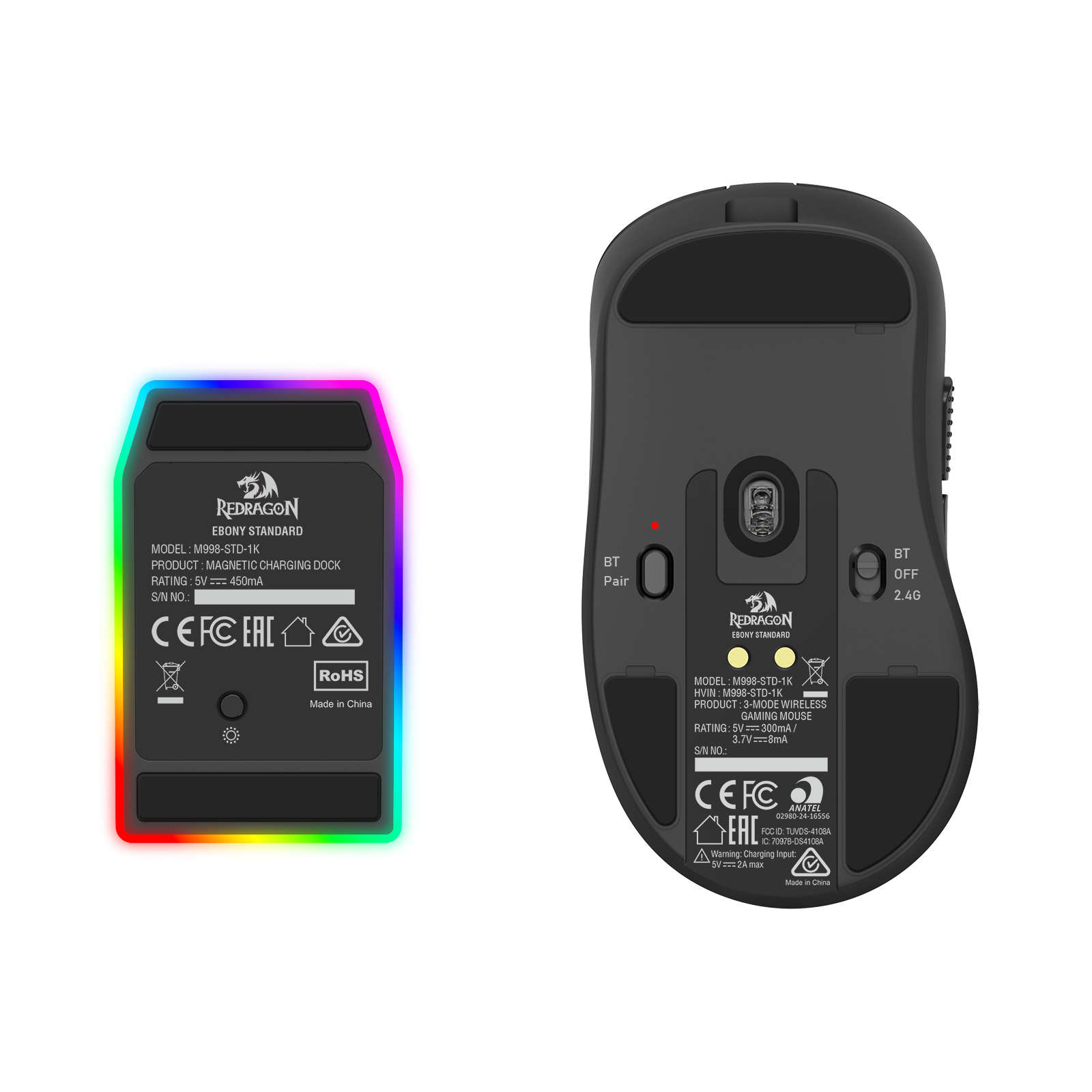 Redragon M998 Lightweight Wireless Gaming Mouse with RGB Magnetic Charging Dock, BT/2.4G Wireless/Wired Optical Mice, 24000 DPI, 5 Programmable Buttons for PC/Mac, Black