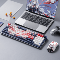 redragon Anime-themed mechanical keyboard K686 and wireless mouse set featuring custom keycaps and character design, shown alongside a laptop with matching anime wallpaper, transparent controller, and yellow mechanical switches. A stylish gaming setup with coordinated aesthetic and high-performance peripherals