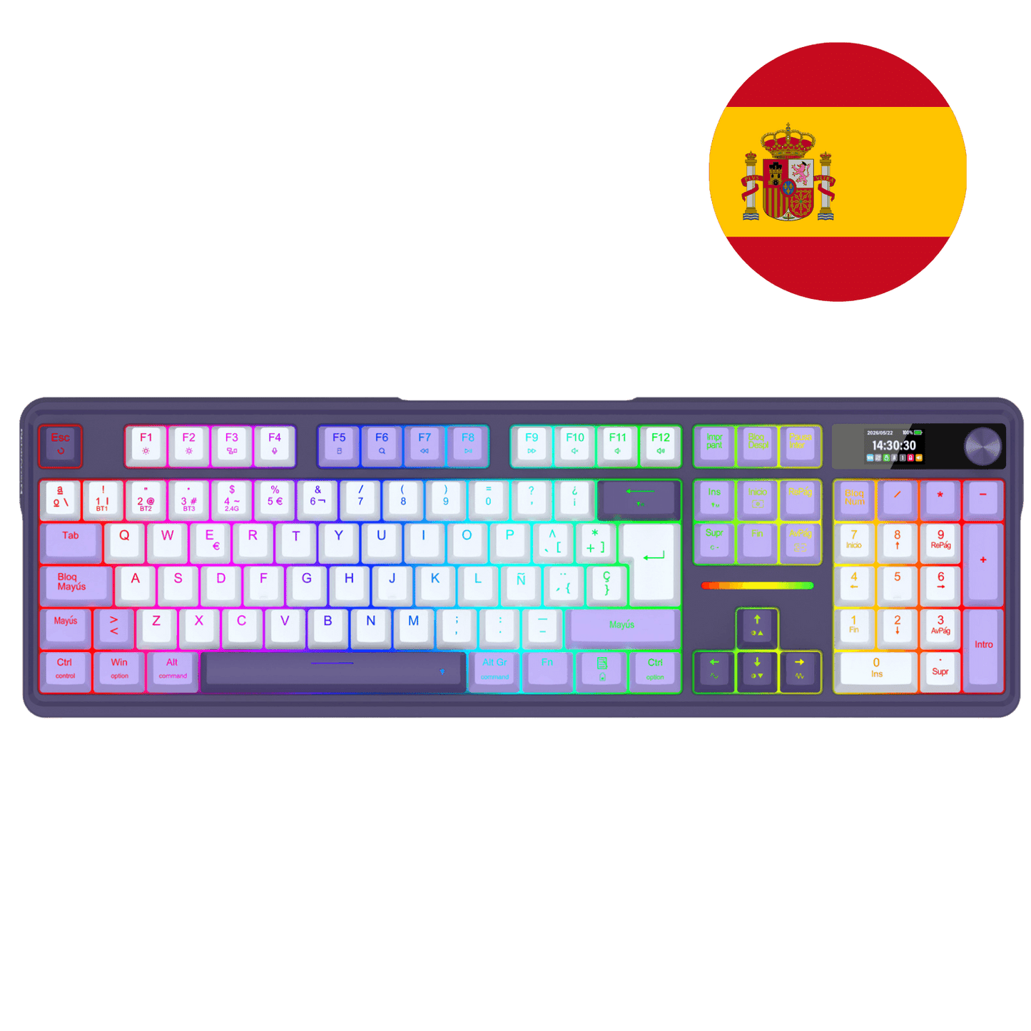 A full-sized mechanical keyboard with a multicolor RGB backlighting gradient transitioning from pink/purple to blue, green, and yellow. The keyboard is shown on a solid black background, with a circular Spanish flag graphic in the top right corner.