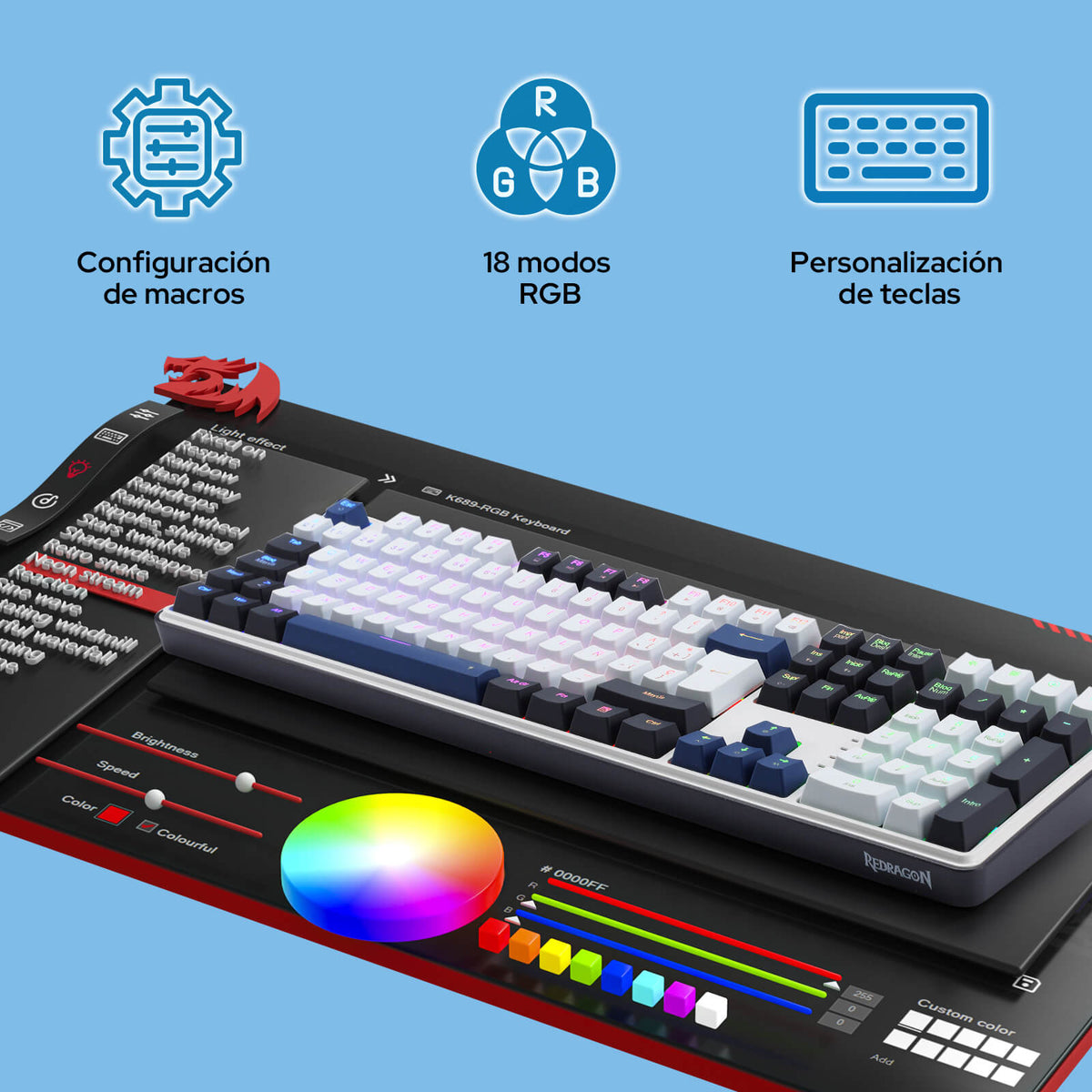 Teclado para juegos Redragon K689 con diseño QWERTY, conexión por cable, retroiluminación RGB, 104 teclas + 4 teclas de acceso rápido adicionales; teclado mecánico con zócalo mejorable intercambiable en caliente, amortiguación del ruido de 5 capas, teclas de colores variados e interruptores lineales personaliz