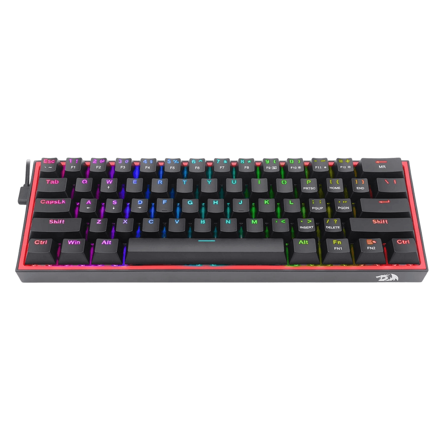 A compact mechanical gaming keyboard with a black chassis, black keycaps, and vibrant RGB backlighting, shown from a top-down perspective against a solid black background.