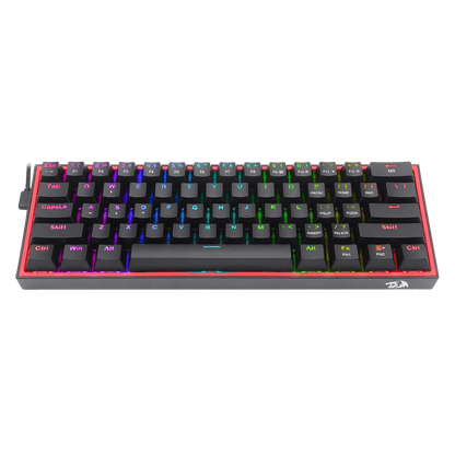 A compact mechanical gaming keyboard with a black chassis, black keycaps, and vibrant RGB backlighting, shown from a top-down perspective against a solid black background.