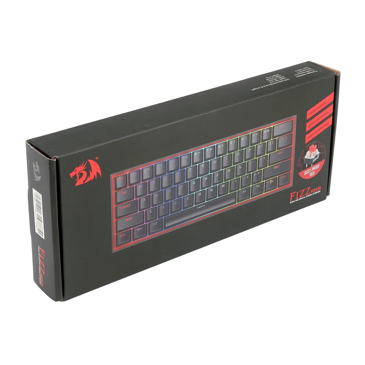 Black retail packaging box for a mechanical keyboard, shown at an angle on a solid black background. The box features a graphic of the keyboard with RGB backlighting, a red dragon logo, and red branding text.