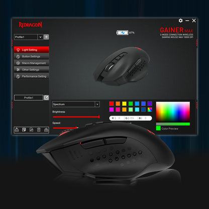 The Redragon software interface for the mouse is shown, enabling customization of lighting, buttons, macros, and performance settings.
