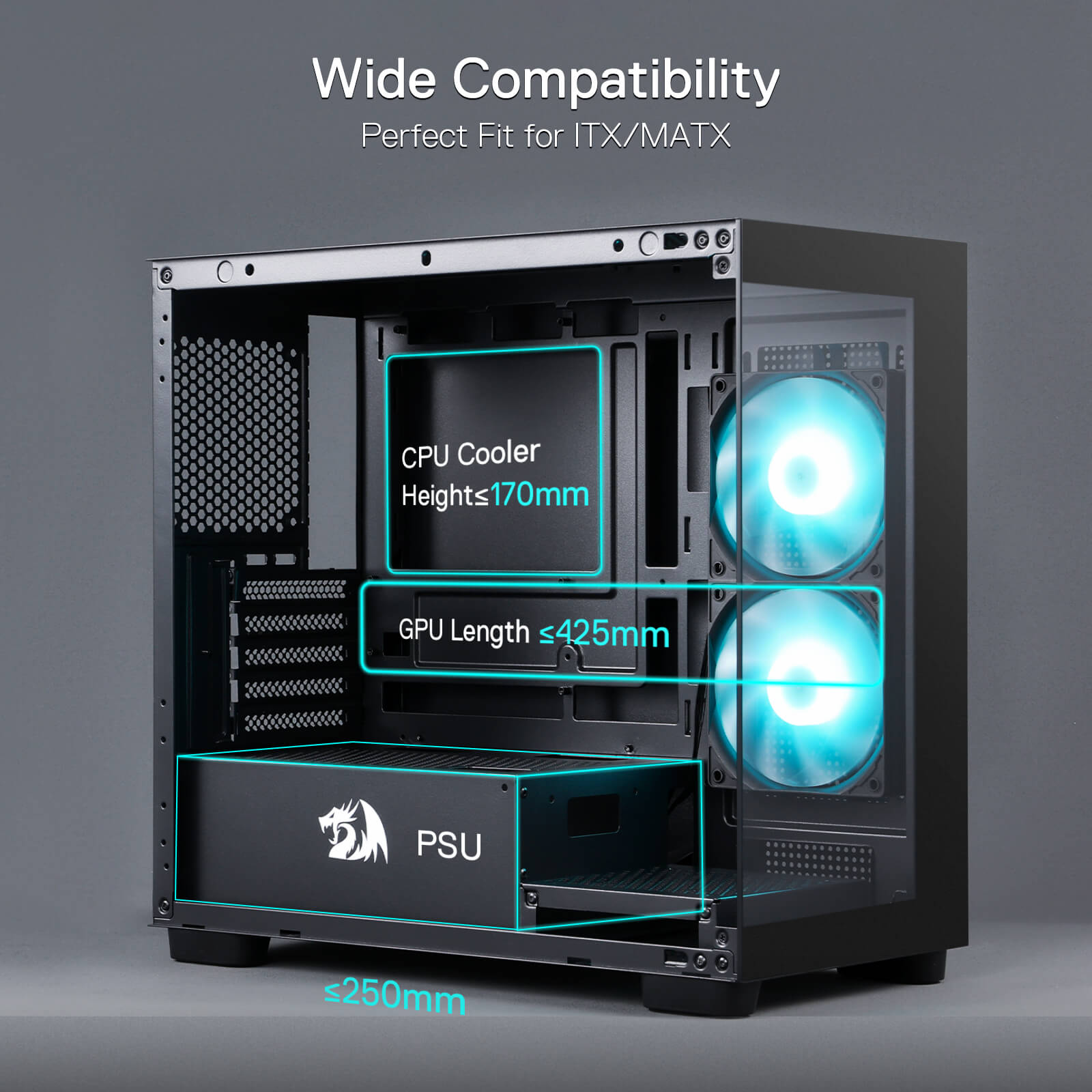 Redragon GC218M Gaming Back-Mounted PC Case, M-ATX Computer Chassis w/ 2 x 120mm Fans Pre-Installed & High Airflow Perforated Panels, 270° Full View, Easy Cable Management, Black