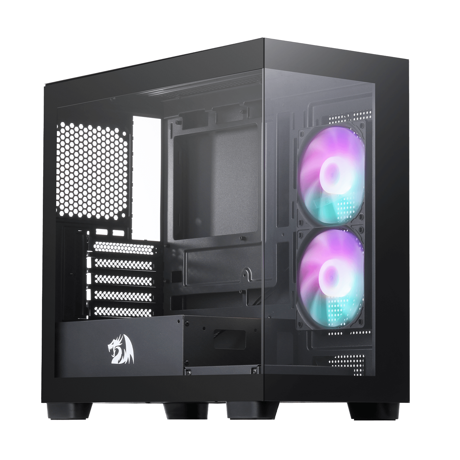 Redragon GC218M Gaming Back-Mounted PC Case, M-ATX Computer Chassis w/ 2 x 120mm Fans Pre-Installed & High Airflow Perforated Panels, 270° Full View, Easy Cable Management, Black